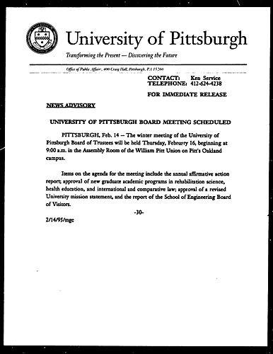 University of Pittsburgh Board Meeting Scheduled