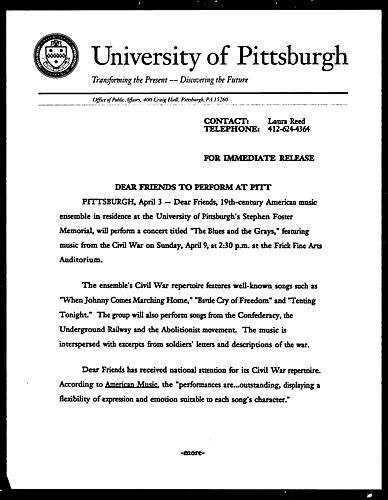 Dear Friends to Perform at Pitt