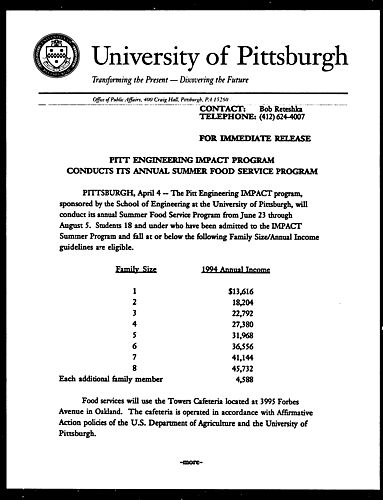 Pitt Engineering Impact Program Conducts Its Annual Summer Food Service Program