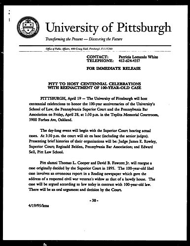 Pitt to Host Centennial Celebrations with Reenactment of 100-Year-Old Case