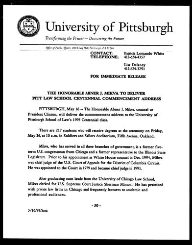 The Honorable Abner J. Mikva to Deliver Pitt Law Shool Centennial Commencement Address