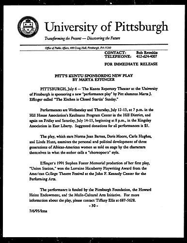 Pitt's Kuntu Sponsoring New Play By Marta Effinger