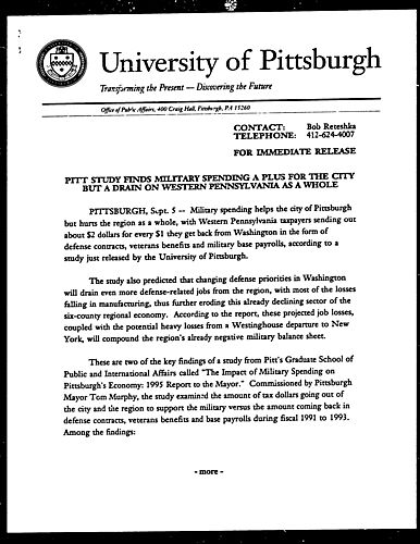 Pitt Study Finds Military Spending a Plus for the City but a Drain on Western Pennsylvania as Whole