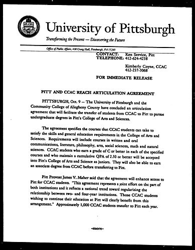 Pitt and CCAC Reach Articulation Agreement