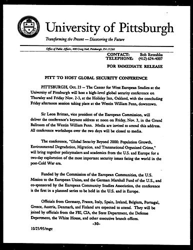 Pitt to Hold Global Security Conference