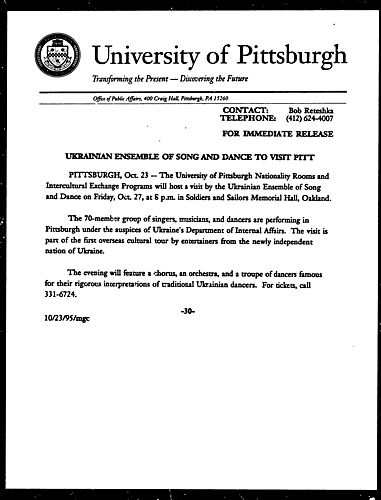 Ukrainian Ensemble of Song and Dance to Visit Pitt