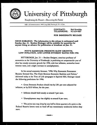 Pitt's Slesinger Predicts Slow Growth, Low Inflation, and Lower Interest Rates for 1996