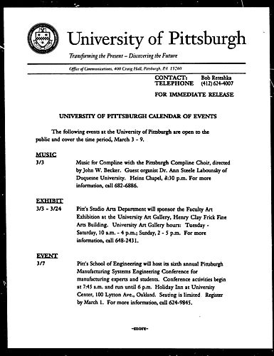 University of Pittsburgh Calendar of Events
