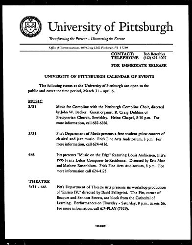 University of Pittsburgh Calendar of Events