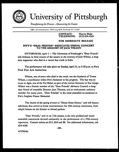 Pitt's "Dear Friends" Dedicates Spring Concert to the Memory of Jack Wilson
