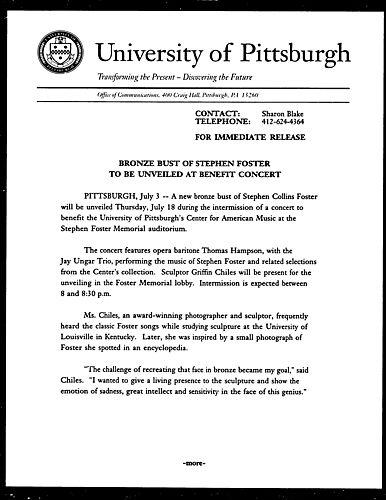 Bronze Bust of Stephen Foster to Be Unveiled at Benefit Concert