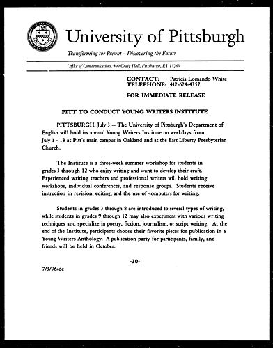 Pitt to Conduct Young Writers Institute