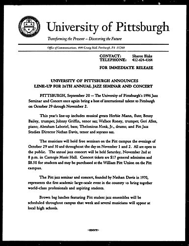 University of Pittsburgh Announces Line-Up for 26th Annual Jazz Seminar and Concert