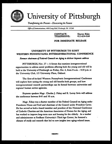 University of Pittsburgh to Host Western Pennsylvania Intergenerational Conference