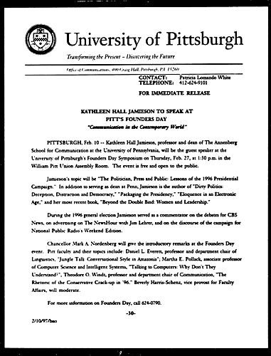 Katheleen Hall Jamieson to Speak at Pitt's Founders Day