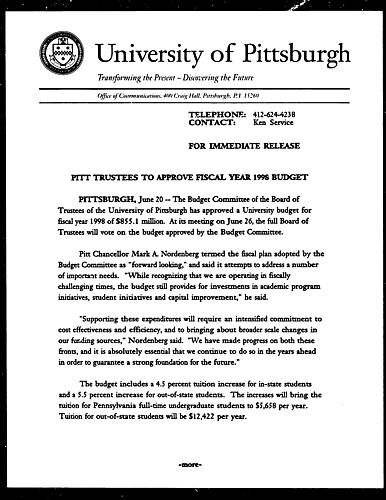 Pitt Trustees to Approve Fiscal Year 1998 Budget