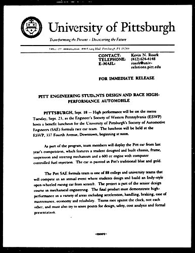 Pitt Engineering Students Design and Race High - Performance Automobile