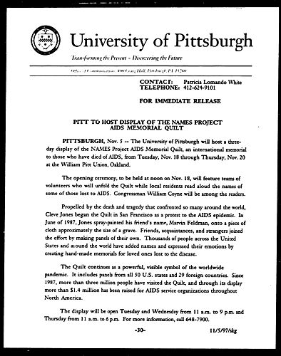 Pitt To Display of the Names Project AIDS Memorial Quilt