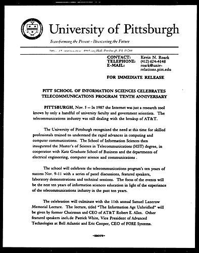 Pitt School of Information Sciences Celebrates Telecommunications Program Tenth Anniversary