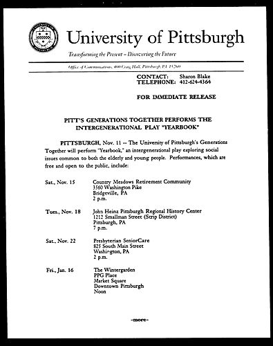 Pitt's Generations Together Performs the Intergenerational Play " Yearbook "