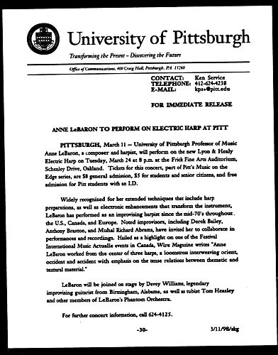 Anne LeBaron to Perform on Electric Harp at Pitt