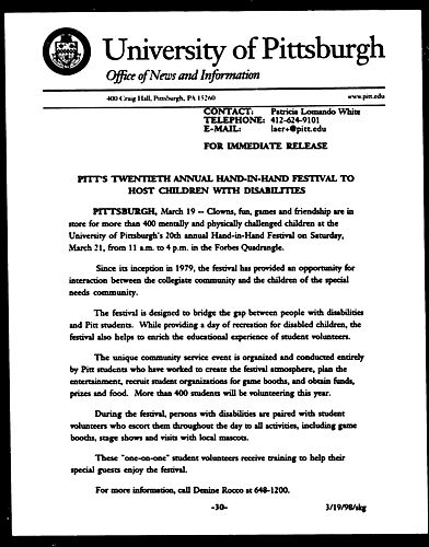 Pitt's Twentieth Annual Hand-in-Hand Festival to Host Children with Disabilities