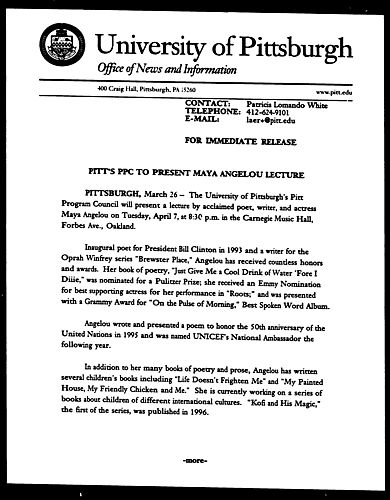 Pitt's PPC to Present Maya Angelou Lecture