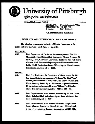 University of Pittsburgh Calendar of Events