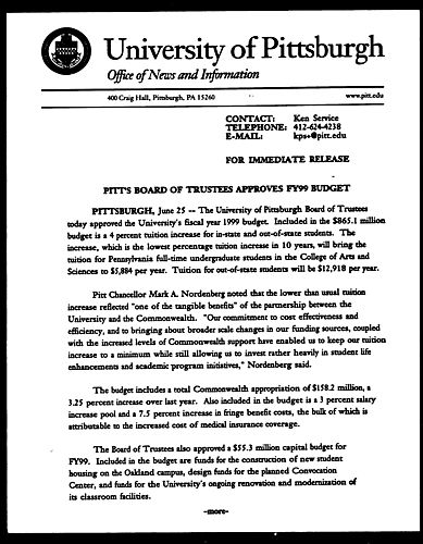 Pitt's Board of Trustees Approves FY99 Budget