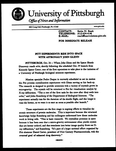 Pitt Experiments Ride into Space with Astronaut John Glenn