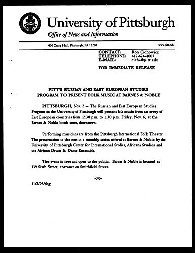 Pitt's Russian and East European Studies Program to Present Folk Music at Barnes & Noble