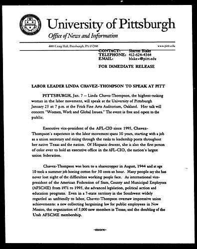 Labor Leader Linda Chavez-Thompson to Speak at Pitt