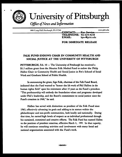 Falk Fund Endows Chair in Community Health and Social Justice at the University of Pittsburgh