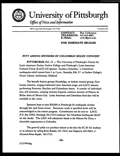 Pitt Among Sponsors of Columbian Relief Concert