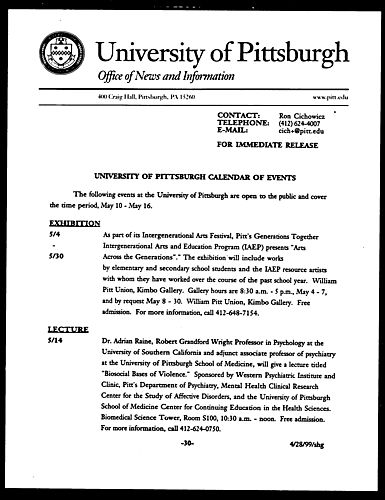 University of Pittsburgh Calendar of Events