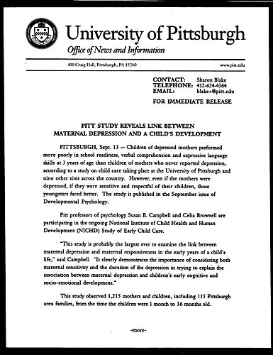 Pitt Study Reveals Link between Maternal Depression and a Child's Development