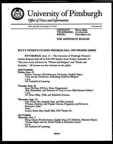 Pitt's Women's Studies Program Fall 1999 Speaker Series