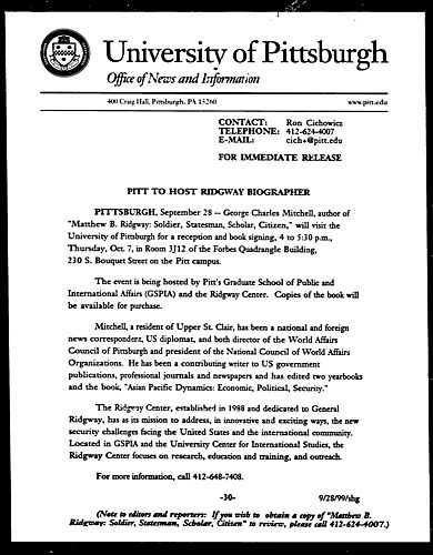 Pitt to Host Ridgeway Biographer