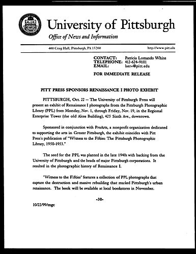 Pitt Press Sponsors Renaissance I Photo Exhibit