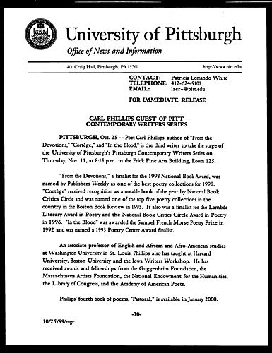 Carl Phillips Guest of Pitt Contemporary Writers Series