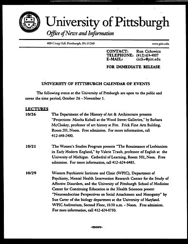 University of Pittsburgh Calendar of Events