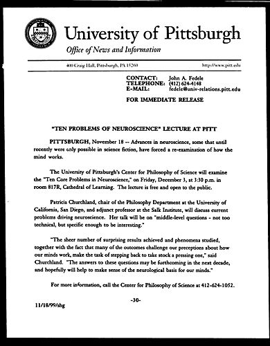 "Ten Problems of Neuroscience" Lecture at Pitt