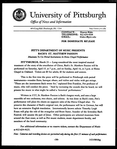 Pitt's Department of Music Presents Bach's St. Matthew Passion