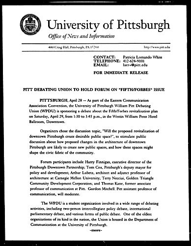 Pitt Debating Union to Hold Forum on "Fifth/Forbes" Issue