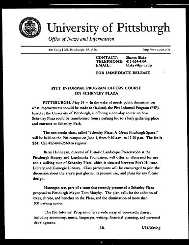 Pitt Informal Program Offers Course on Schenley Plaza