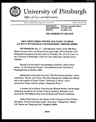 Drue Heinz Prize Winner and Judge to Speak at Pitt's Pittsburgh Contemporary Writers Series