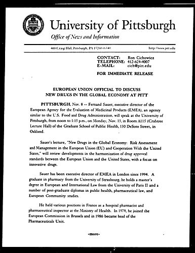 European Union Official to Discuss New Drugs in the Global Economy at Pitt