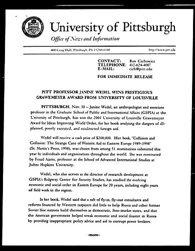 Pitt Professor Janine Wedel Wins Prestigious Grawemeyer Award from University of Louisville