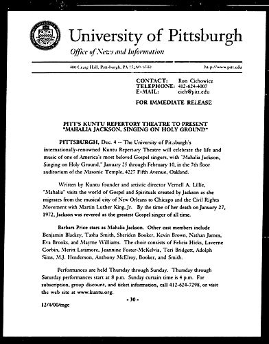 Pitt's Kuntu Repertory Theatre to Present "Mahalia Jackson, Singing on Holy Ground"