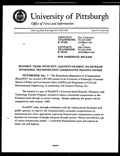 Penndot Teams with Pitt, Gannett-Fleming to Develop Intermodal Transportation Coordinator Training Course